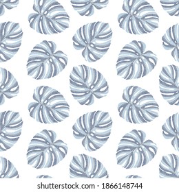Seamless pattern of embroidered tropical monstera palm leaves. Embroidery stitches imitation