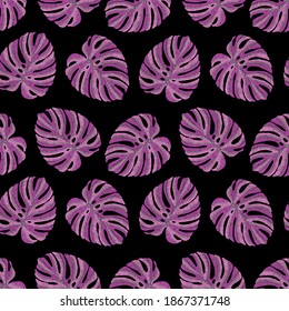 Seamless pattern of embroidered tropical monstera palm leaves. Embroidery stitches imitation