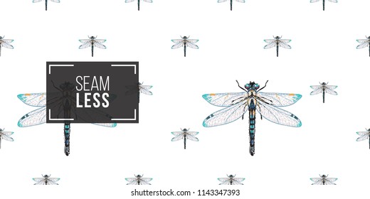 Seamless pattern with embroidery beautiful dragonfly. Fashion patch background with insects. 