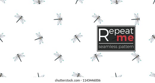 Seamless pattern with embroidery beautiful dragonfly. Fashion patch background with insects. 