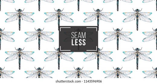 Seamless pattern with embroidery beautiful dragonfly. Fashion patch background with insects. 