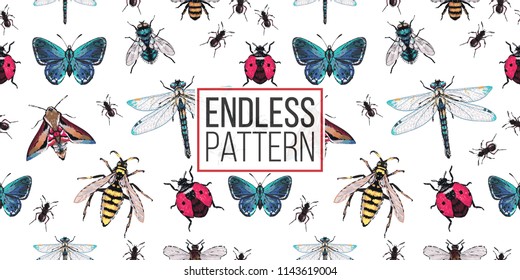 Seamless pattern with embroidery beautiful dragonfly, forest ant, blue butterfly, green fly, night moth, honey bee, wasp, flying ladybag. Fashion patch background with insects. Trendy art.