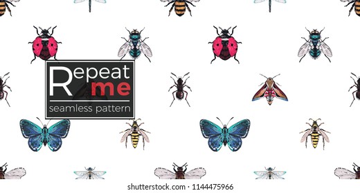 Seamless pattern with embroidery beautiful dragonfly, forest ant, blue butterfly, green fly, night moth, honey bee, wasp, flying ladybag. Fashion patch background with insects. Trendy art.