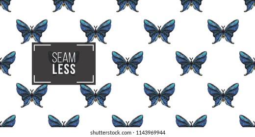 Seamless pattern with embroidery big blue butterfly. Fashion patch background with insects. 