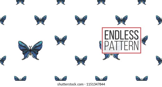 Seamless pattern with embroidery big blue butterfly. Fashion patch background with insects. 