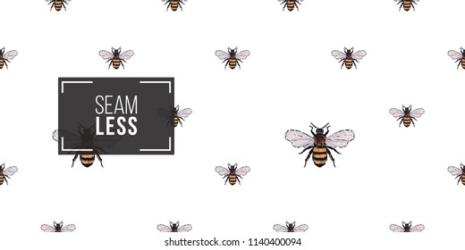 Seamless pattern with embroidery big honey bee. Fashion patch background with insects. 