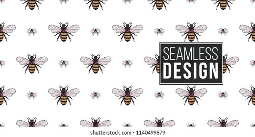 Seamless pattern with embroidery big honey bee and small funny bee. Fashion patch background with insects. 