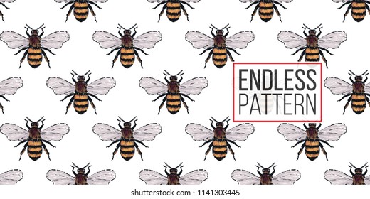 Seamless pattern with embroidery big honey bee. Fashion patch background with insects. 