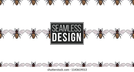 Seamless pattern with embroidery big honey bee and small funny bee. Fashion patch background with insects. 