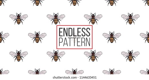 Seamless pattern with embroidery big honey bee. Fashion patch background with insects. 