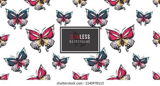 Seamless pattern with embroidery big tropical butterflies. Fashion patch background with insects. 
