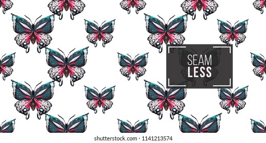 Seamless pattern with embroidery big tropical butterfly. Fashion patch background with insects. 