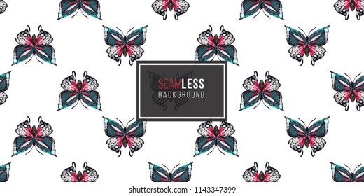 Seamless pattern with embroidery big tropical butterfly. Fashion patch background with insects. 