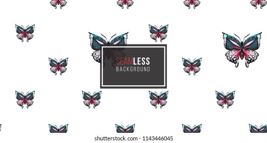 Seamless pattern with embroidery big tropical butterfly. Fashion patch background with insects. 