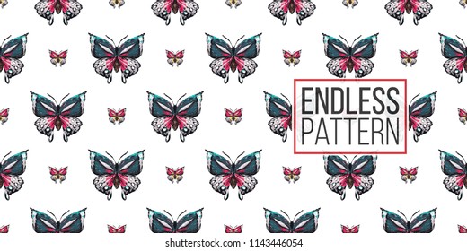 Seamless pattern with embroidery big tropical butterflies. Fashion patch background with insects. 
