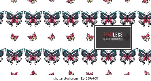 Seamless pattern with embroidery big tropical butterflies. Fashion patch background with insects. 