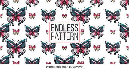 Seamless pattern with embroidery big tropical butterflies. Fashion patch background with insects. 