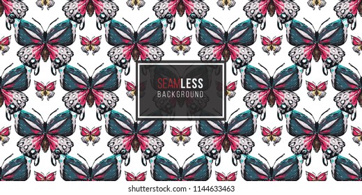 Seamless pattern with embroidery big tropical butterflies. Fashion patch background with insects. 