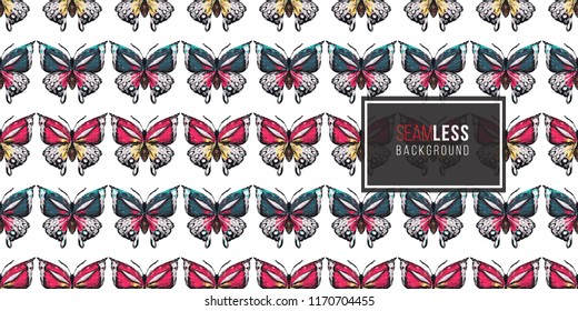 Seamless pattern with embroidery big tropical butterflies. Fashion patch background with insects. 