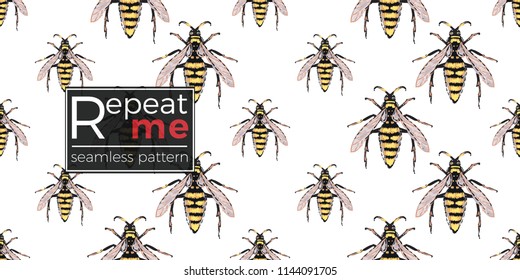 Seamless pattern with embroidery big wasp. Fashion patch background with insects. 