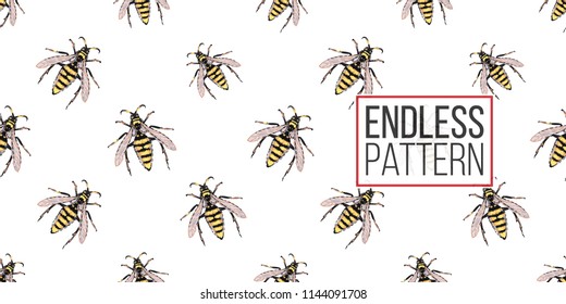 Seamless pattern with embroidery big wasp. Fashion patch background with insects. 
