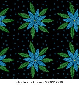 Seamless pattern with embroidery blue flower stitches imitation. Vector embroidery fashion flower and leaf on black background. 