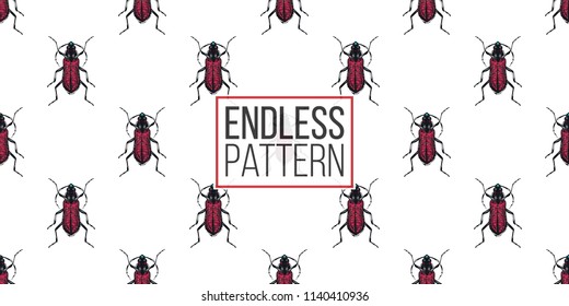 Seamless pattern with embroidery brown bug. Fashion patch background with insects. 