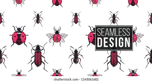 Seamless pattern with embroidery brown bug, forest ant, flying ladybag, red flying bug. Fashion patch background with insects. 