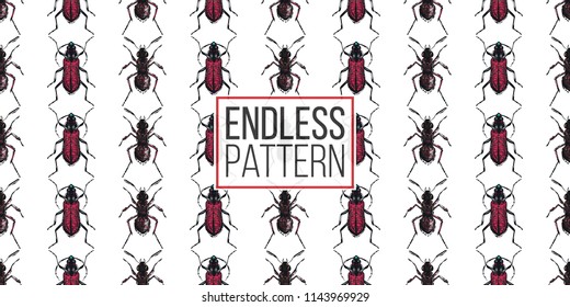 Seamless pattern with embroidery brown bug and forest ant. Fashion patch background with insects. 