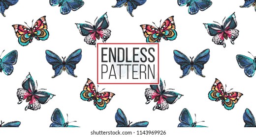 Seamless pattern with embroidery colorful and blue butterflies. Fashion patch background with insects. 