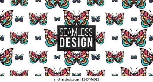 Seamless pattern with embroidery colorful butterflies. Fashion patch background with insects. 