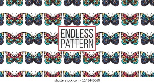 Seamless pattern with embroidery colorful butterflies. Fashion patch background with insects. 