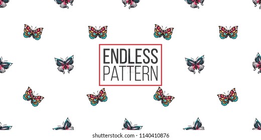Seamless pattern with embroidery colorful tropical butterflies. Fashion patch background with insects. 