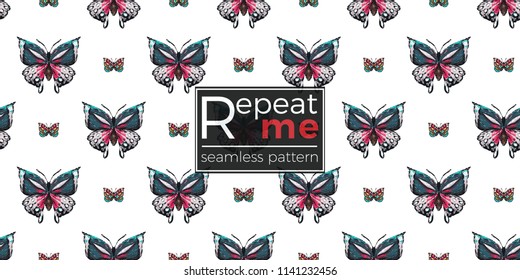 Seamless pattern with embroidery colorful tropical butterflies. Fashion patch background with insects. 