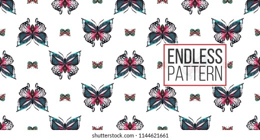 Seamless pattern with embroidery colorful tropical butterflies. Fashion patch background with insects. 