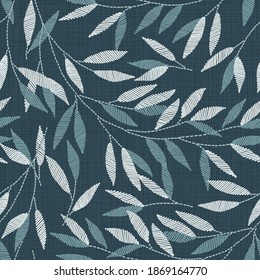 Seamless pattern. Embroidery floral elements, leaves, twigs. Floral art home decor.  Linen cloth texture. 