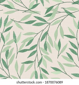 Seamless pattern. Embroidery floral elements, leaves, twigs. Floral art home decor.  Linen cloth texture. 