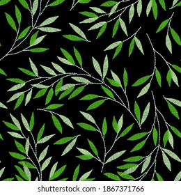 Seamless pattern. Embroidery floral twigs with leaves elements,. Floral art home decor.  Linen cloth texture. 