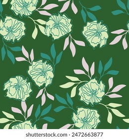 Seamless pattern. Embroidery floral twigs with leaves elements,. Floral art home decor. Linen cloth texture.
