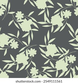 Seamless pattern with embroidery flowers. Embroidered design elements with flowers and leaves on a black background