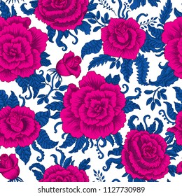 Seamless pattern from embroidery flowers, leaves, branches in bohemian style. Bright pink and blue colors on a white background.. Vintage wallpaper, textile print, book cover, batik, wrapping paper