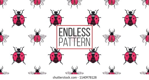 Seamless pattern with embroidery flying ladybag and red bug. Fashion patch background with insects. 