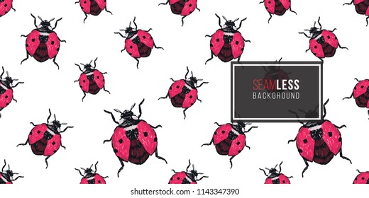 Seamless pattern with embroidery flying ladybag. Fashion patch background with insects. 
