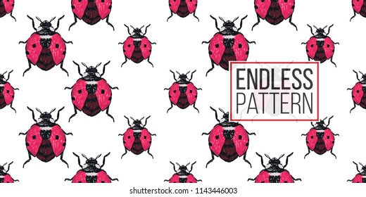 Seamless pattern with embroidery flying ladybag. Fashion patch background with insects. 