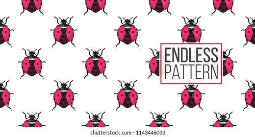 Seamless pattern with embroidery flying ladybag. Fashion patch background with insects. 