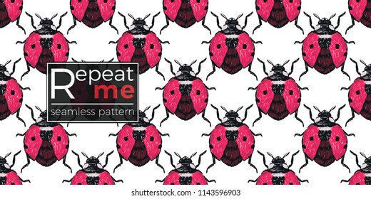 Seamless pattern with embroidery flying ladybag. Fashion patch background with insects. 