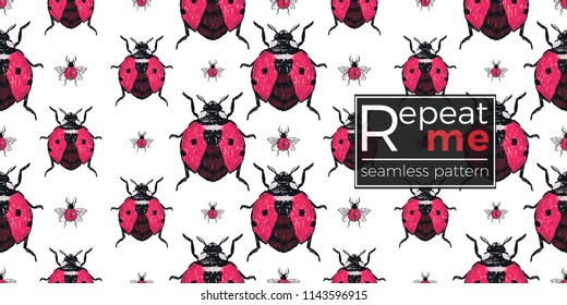 Seamless pattern with embroidery flying ladybag and red bug. Fashion patch background with insects. 