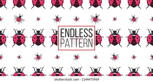 Seamless pattern with embroidery flying ladybag and red bug. Fashion patch background with insects. 