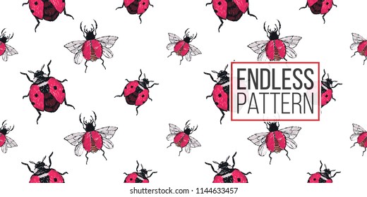 Seamless pattern with embroidery flying ladybag and red bug. Fashion patch background with insects. 