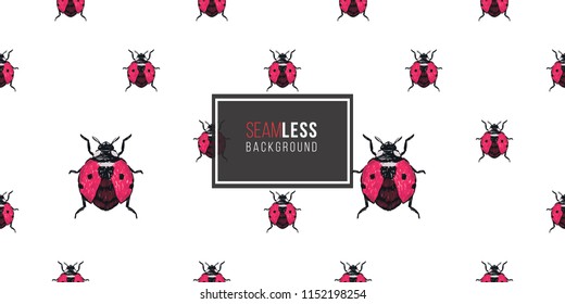 Seamless pattern with embroidery flying ladybag. Fashion patch background with insects. 